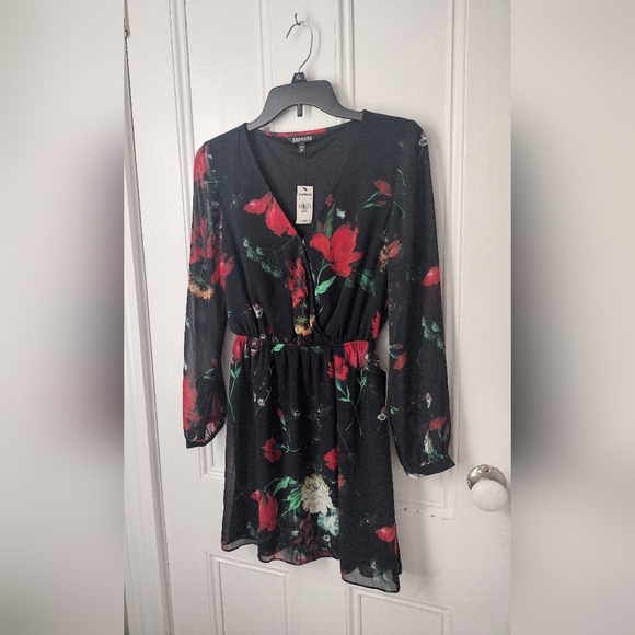 Express Black and Red Sheer Floral Dress - Picture 2 of 5